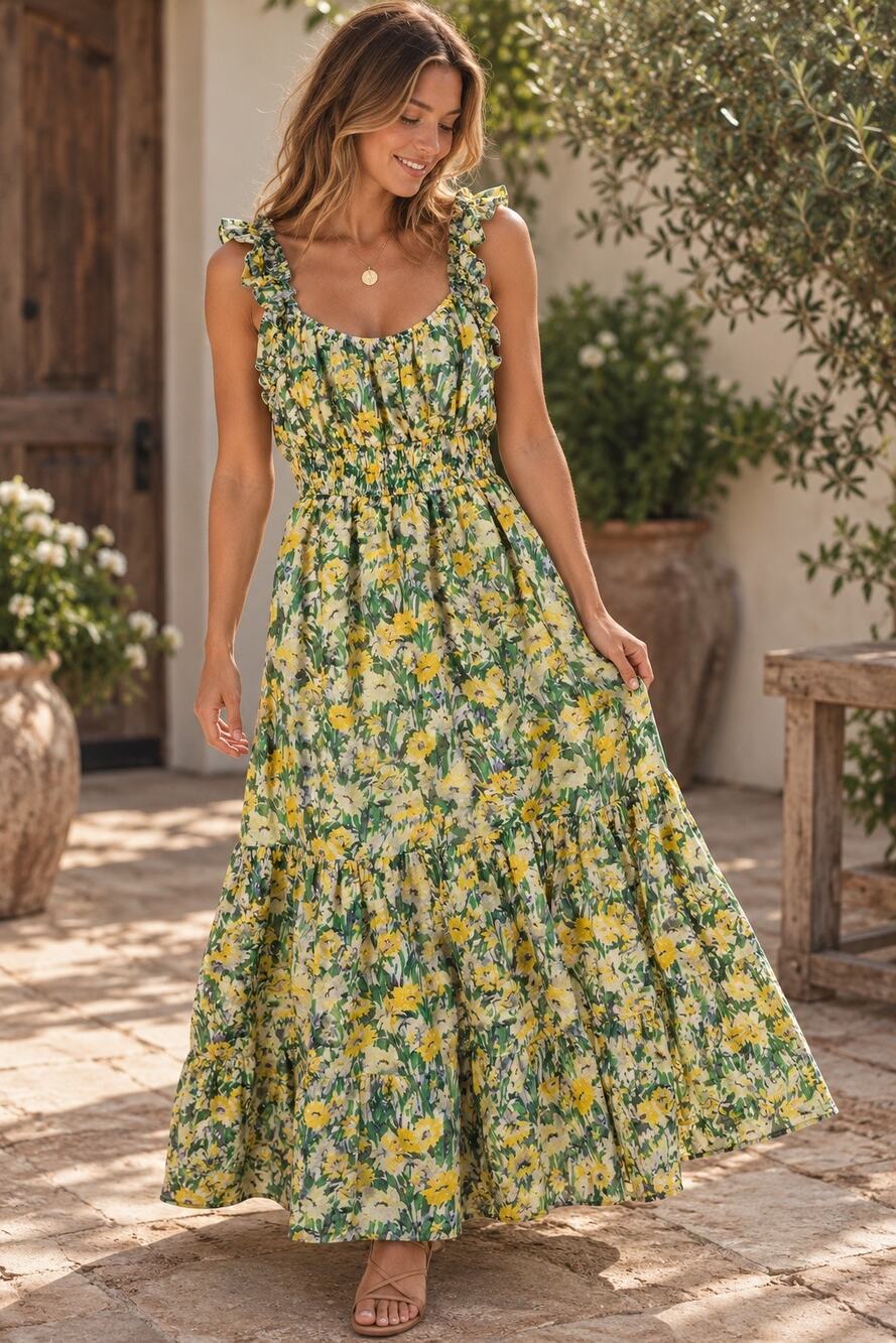 NWOT Melloday Floral Smocked Ruffle Long Maxi Dress Green Yellow Size Medium